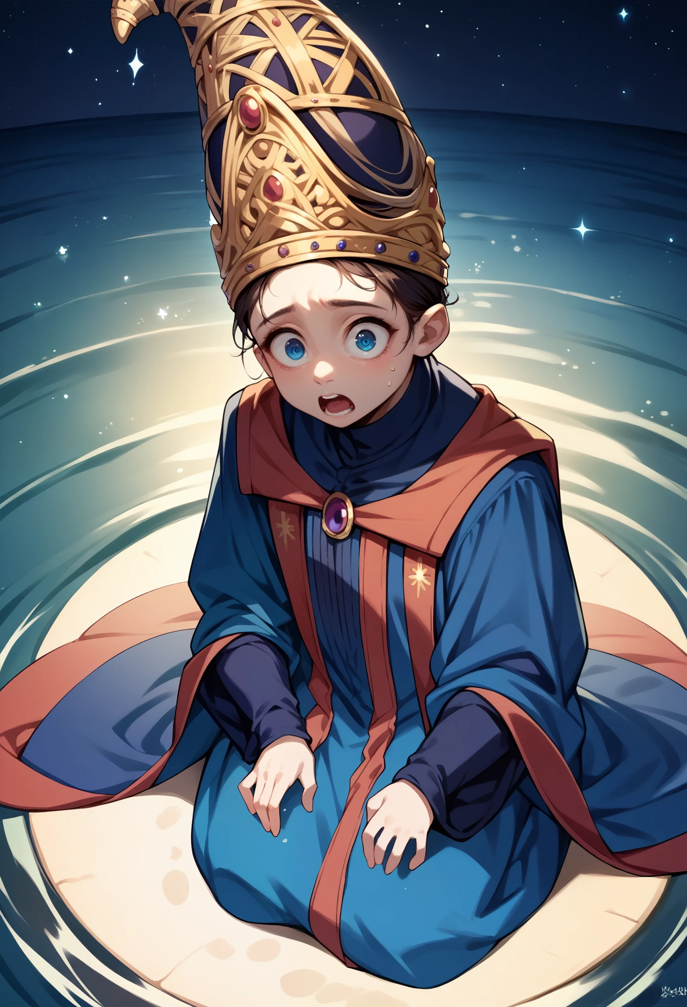 score_9, score_8_up, score_7_up, 1girl, solo, (kid:1.5), Rennala, crown, loose crown, dress, blue robe, wide sleeves, long sleeves, shocked, shaking,  looking at you, kneeling, night, on water, starry night, empty background, AgeRegression, Oversized Clothes,