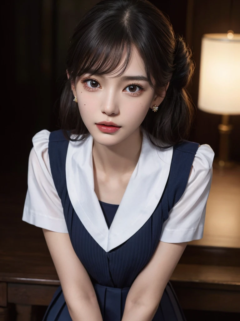 disorganized, RAW photo, very delicate and beautiful, masterpiece, highest quality, ultra high resolution, 16k, surreal, super detailed, perfect anatomy, super dense skin, perfect figure, Highly detailed CG 8k wallpaper, 20&#39;s, very slim body, tight waist, very small head, very small face, delicate features, tearful mole, earrings, thin legs, barefoot, ((very huge round breasts)), ((1 girl)), full body shot, short hair, wavy hair, ((school uniform)), No sleeve,