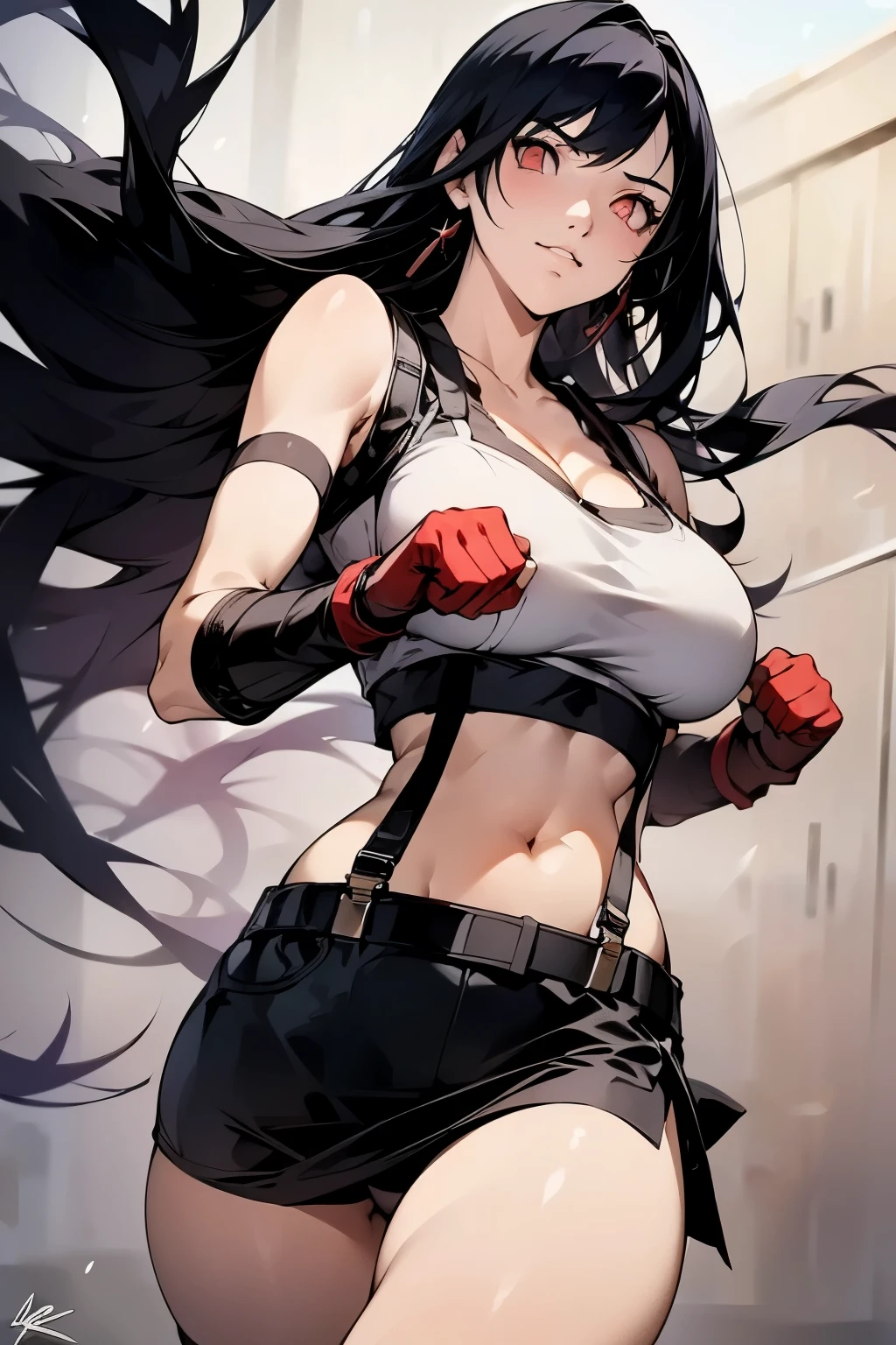 (white tanktop) , (long hair), black hair , ((masterpiece)) , best quality , tifa lockhart, final fantasy vii , 1 girl, bangs, bare shoulders, belt, black belt, black gloves , black skirt, cleavage, clenched hands, closed mouth, collarbone, crop top, earrings, elbow gloves, fingerless gloves, floating hair, gloves, hair behind ear , jewelry, lips , low-tied long hair, midriff, miniskirt , red eyes, red gloves, shirt, sidelocks, signature , sleeveless, stomach, suspenders, swept bangs, taut clothes, taut shirt, thighs, clenched hands , fighting pose