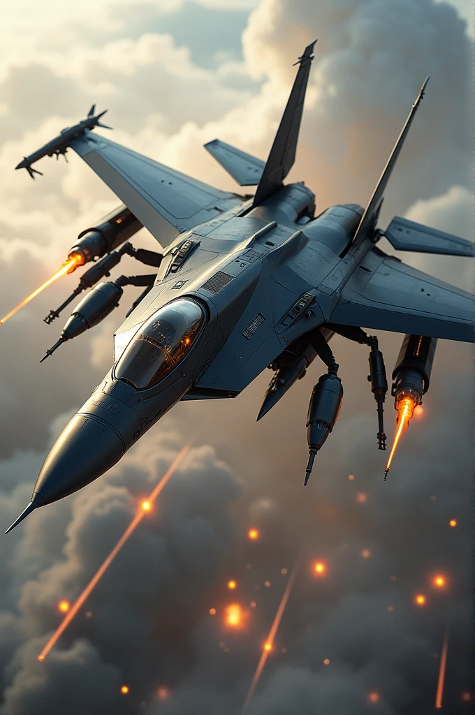 A giant, winged super-fighter jet shaped like a Colt pistol flies low over the battlefield, spraying fire from its muzzle.。Explosion and destruction、Blow away enemy camp、Pistol-shaped flying battleship、