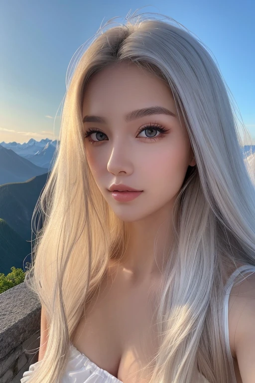 1 girl, (highest quality:1.4), (super detailed), (detailed light), (Highly detailed beautiful face), wonderful face and eyes, clear gray eyes, beautiful white hair, WHITE hair fluttering in the wind, Beautiful sheer off-shoulder lace, beautiful breasts, Highly detailed CG integrated 8k wallpaper, High resolution raw color photos, professional photos, dynamic lighting, (nipple:1.1), sunny, Ocean, Palm tree, 