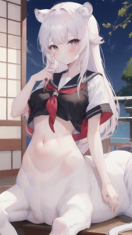 (best quality, masterpiece), 1 girl, centaur, I beg, White skin, Japanese schoolgirl,daughter,black pink, exposing the abdomen, belly button t-shirt , beautiful girl perfect, White tiger photo, 완벽한 White tiger photo