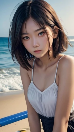 (masterpiece, best quality:1.2), 1girl, solo, asian, woman, freckles, black unederwear, skinny, black bikini, beach, sunset