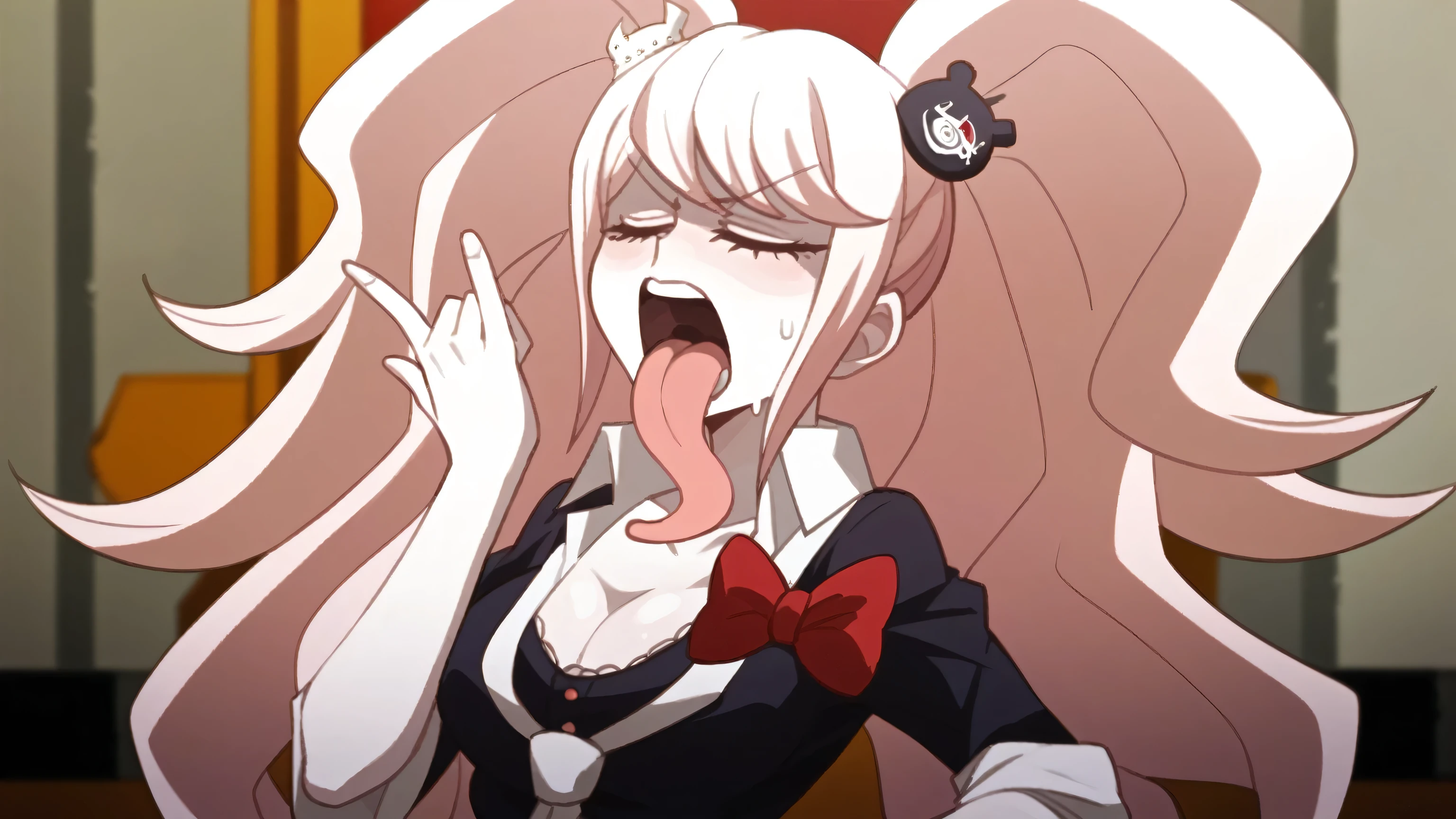 Masterpiece, best quality, Masterpiece, best quality, 1 woman, Junko (danganronpa) , pink hair , I have twintails. , Close your eyes. , Irritability , Sweating , big breasts , cleavage , Open your mouth wide , long tongue , Put your hand forward , abandoned factory