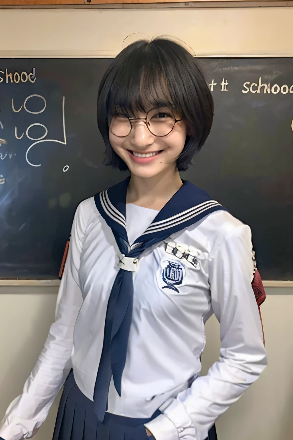 Black Hair、Handsome Short hair、Wearing glasses、smile、Beautiful breasts、Slim body、School uniform、Arms Wide Open、Standing in front of a blackboard、In a school classroom