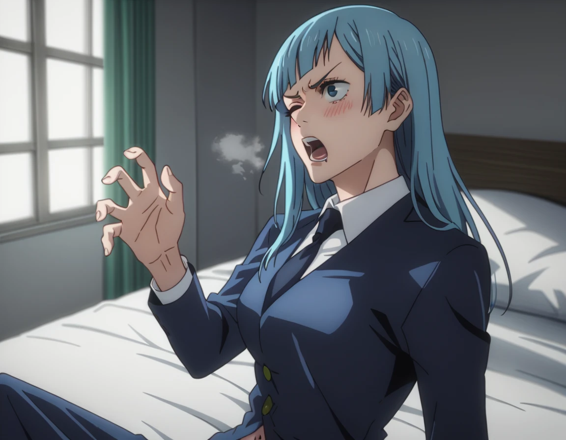 sauce_anime, (ambient light),
jujutsu_kaisen_style, kasumi miwa,, ,1girl ,tall girl,, blue hair, long hair, blue eyes, wince, frown, Perfect face, expressive eyes ,
nsfw, (show off breast), undress black necktie , formal, undress suit , undress clothes,
indoors, bed, realistic bed room, (on side), , navel, steam, 
cowboy shot,, solo, dutch angle, blush,, screaming, (saliva),, medium breast, 