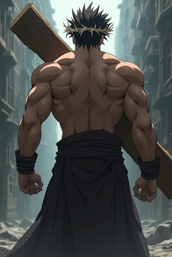 A muscular young man, shirtless with lightly defined muscles, is standing with his arms pulled upward by chains, giving the impression that he is imprisoned. He has a determined expression on his face, showing resilience. The background is a desolate cave, with rough, uneven walls and a dark, inhospitable atmosphere. There is a single, focused light shining down on the young man, casting dramatic shadows and highlighting his figure, while the rest of the cave remains shrouded in darknessn, anime.