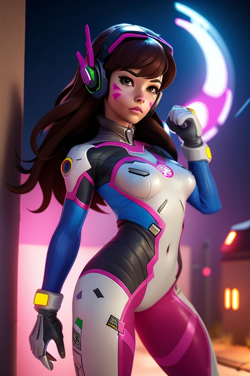 1girll, (D.va (Overwatch):0.8), Solo, Long hair, whisker markings, tightsuit, Brown hair, face markings, mitts, Breasts, Brown eyes, pilotsuit, Cowboy shot, Earphone, White gloves, Medium breasts, sweeping bangs, skin tight, Animal print, bangs, Bunny print, Ribbed one-piece tights, facepaint, Pink lips, leaning back against the wall, holding gun, Serious look, questionable,  caring, investigative, Dark Alley, Night, Night sky, Red light, (Silhouette, hard light:1.2),