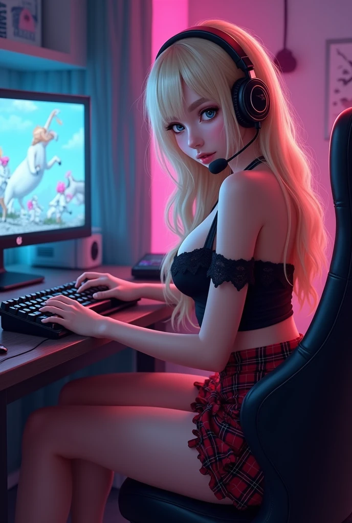 Twitch gamer girl (open legs, cute geek, a little belly, slutty outfit, cat ear headset, lewd flirting, expensive gaming chair) video controller nearby, turned to face viewer, room has anime figurines, gaming posters, and neon gadgets
