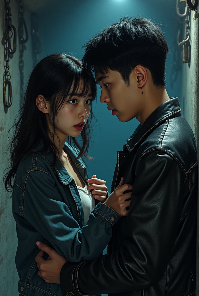 A young and attractive girl with long black hair, brown eyes and white skin, He wears a white t-shirt and black jeans, She is leaning her back against a wall in a dark, dimly lit basement., Her gaze reflects fear as in front of her there is a young and attractive boy with short black hair, dark eyes and white skin, He is wearing black jeans, a t-shirt of the same color along with a black leather jacket, who has one hand around a girl's neck while looking at her angrily