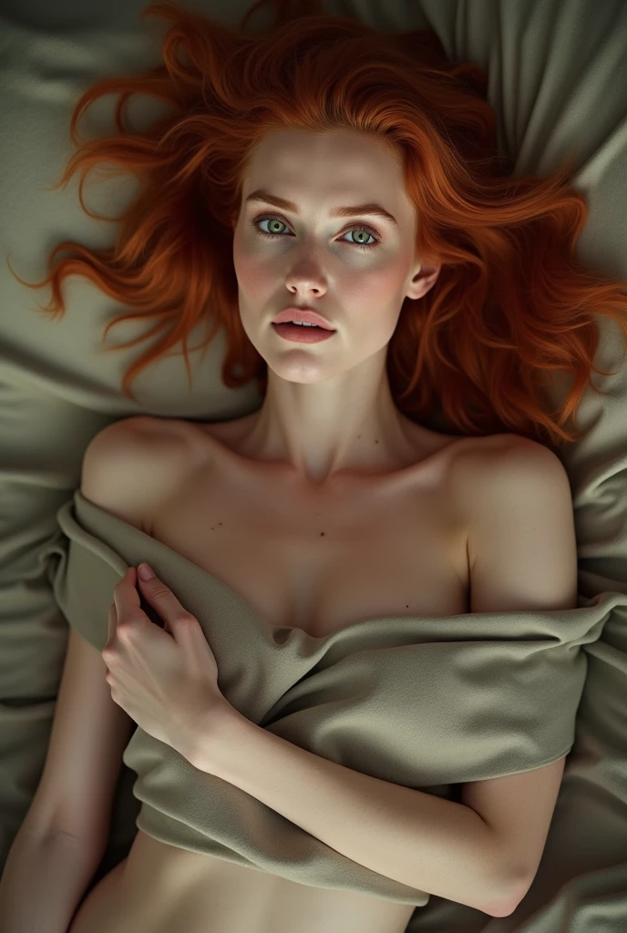 28 year old red head ginger girl, laying on a bed with her head on a pillow, slender, pale white skin, green eyes, camera man having a above view of her face, looking at the camera with a orgasmic look