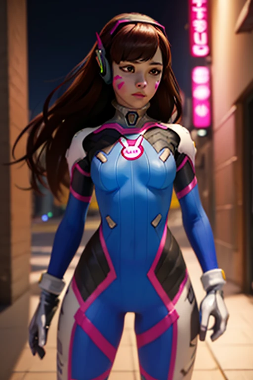 1girll, (D.va (Overwatch):0.8), Solo, Long hair, whisker markings, tightsuit, Brown hair, face markings, mitts, Breasts, Brown eyes, pilotsuit, Cowboy shot, Earphone, White gloves, Medium breasts, sweeping bangs, skin tight, Animal print, bangs, Bunny print, Ribbed one-piece tights, facepaint, Pink lips, leaning back against the wall, holding gun, Serious look, questionable,  caring, investigative, Dark Alley, Night, Night sky, Red light, (Silhouette, hard light:1.2),