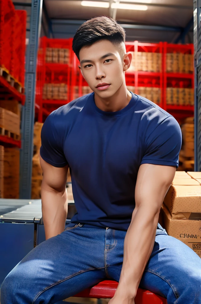 ,1 man sit on,(warehouse:1.4),(crew cut hair:1.3),(Wear a fitted round neck t-shirt in navy blue:1.3 ),,Navy blue jeans,Korean guy,chest muscles,large arm muscles,blood vessel,Big muscles,Broad shoulders,(warehouse:1.4),(short hair:1.4),(full_shot:1.2)