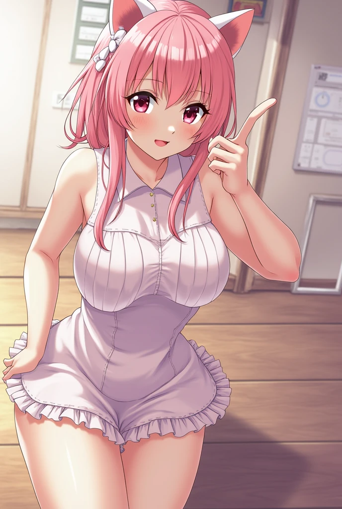 One girl, alone, Pink Hair,  (naked:1.3), (White apron), Big Breasts, Cleavage, Thighs,  (Blushing:1.3), apron lift yourself、Nipples、Breast milk、Peeing、pubic hair、Armpit Hair、side、Sweat、highest quality, Ultra-high resolution, To the camera,Beautiful Face, Saggy breasts