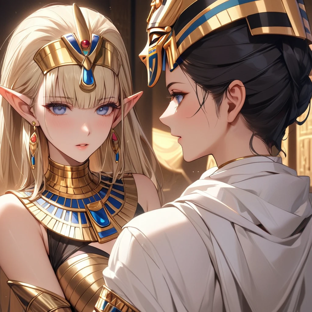 ((Best Quality)), ((masterpiece)), (detailed), （Perfect Face）、The female high elf is Seras Ashlain, a blonde, medium-length haired high elf wearing an Egyptian Tutankhamun costume, a golden Tutankhamun mask, gorgeous jewelry and an engagement ring.