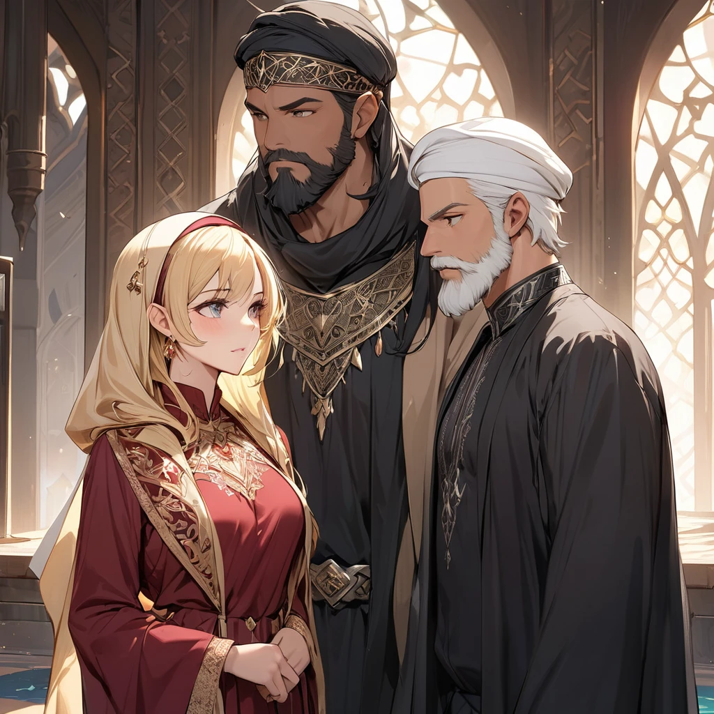 ((highest quality)), ((masterpiece)), (be familiar with), ((perfect face、beautiful wife、Enchanted body、spouse、blonde、straight hair、blue eyes、necklace、ring、bangles、Caster wheel、pregnancy、naked、Islamic Clothing、National costume、Islam、chador))、((Oil King、black hair、black eye、Arab、Islam、middle-aged man、obesity、Rich man、dirty、fat、Old man、Islam))、marriage、marriage式、hug each other、National costume、Chapel、kiss of oath、政略marriage(daughter、half、son、Children)Surrounded by children