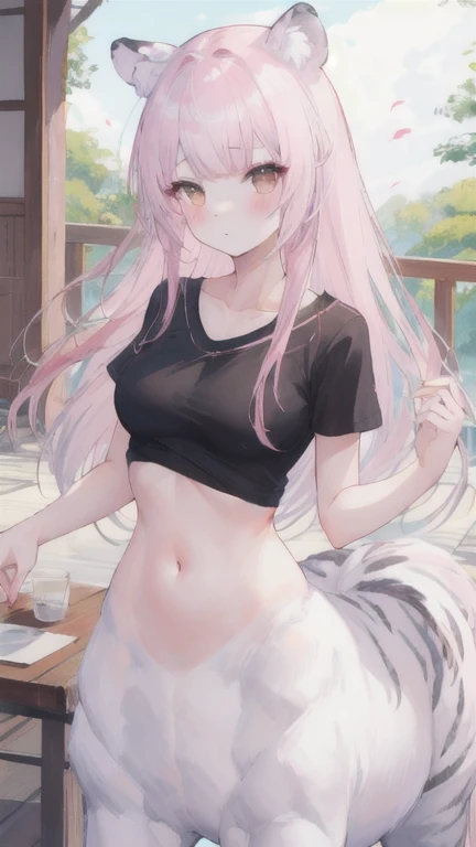 (best quality, masterpiece), 1 girl, centaur, It takes, White skin, Korean , black pink,Smiling, exposing the abdomen, belly button t-shirt , 아름다운 소녀 perfect white tiger photo, perfect white tiger photo