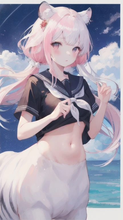 (best quality, masterpiece), 1 girl, centaur, I beg, White skin, Japanese schoolgirl, black pink, exposing the abdomen, belly button t-shirt , beautiful girl perfect, White tiger photo, 완벽한 White tiger photo