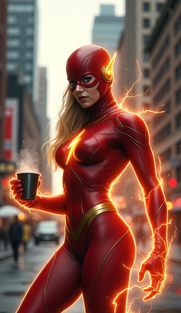 A beautiful woman with long blonde hair wearing the red leather suit of The Flash, the Flash emblem on her chest, kneeling, screaming exhausted after a battle, blood and skulls around her, golden boots and gloves, an apocalyptic and rainy city