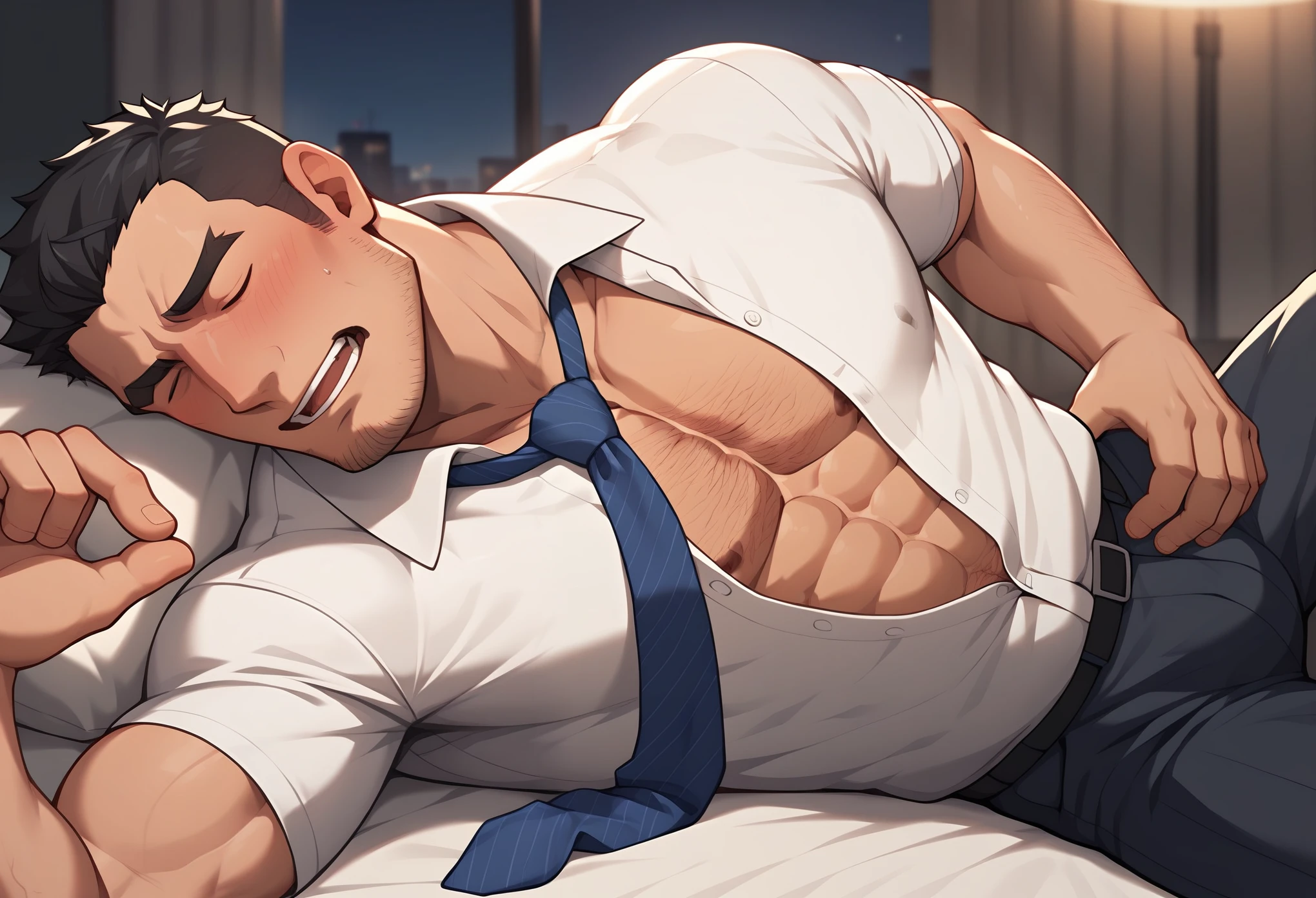 (masutepiece:1.2)、(Best Quality:1.2),(Solo Male:1.5)、40-year-old dad、Muscular men、short-hair、a beard、top-quality,absence、hyper pecs,a plant, organic shape, vests, neck tie, Lying down, cosmos, flower, White background,
