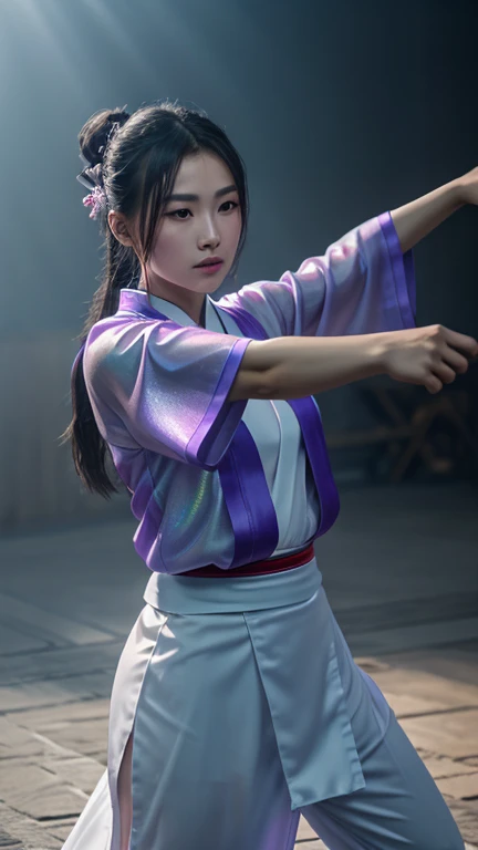 A handsome Chinese girl, sharp eyes, clear facial features, wearing Hanfu, combat posture, martial arts movements, body surrounded by purple mist, runes around, holographic reality, holographic halo, motion blur, game light effects, edge light, soft light, movie edge light, delicate light, masterpiece, super detailed, epic composition, super HD, high quality, highest quality, 32k