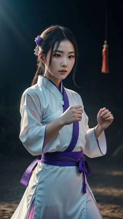 beautiful girls are playing Taekwondo ,18yo, in the street, silver hair, split ponytail, Conceptual art, best photo shot, glowing light, realistic, UHD, textured skin, masterpiece, anatomically correct, best quality, 8k, full body,