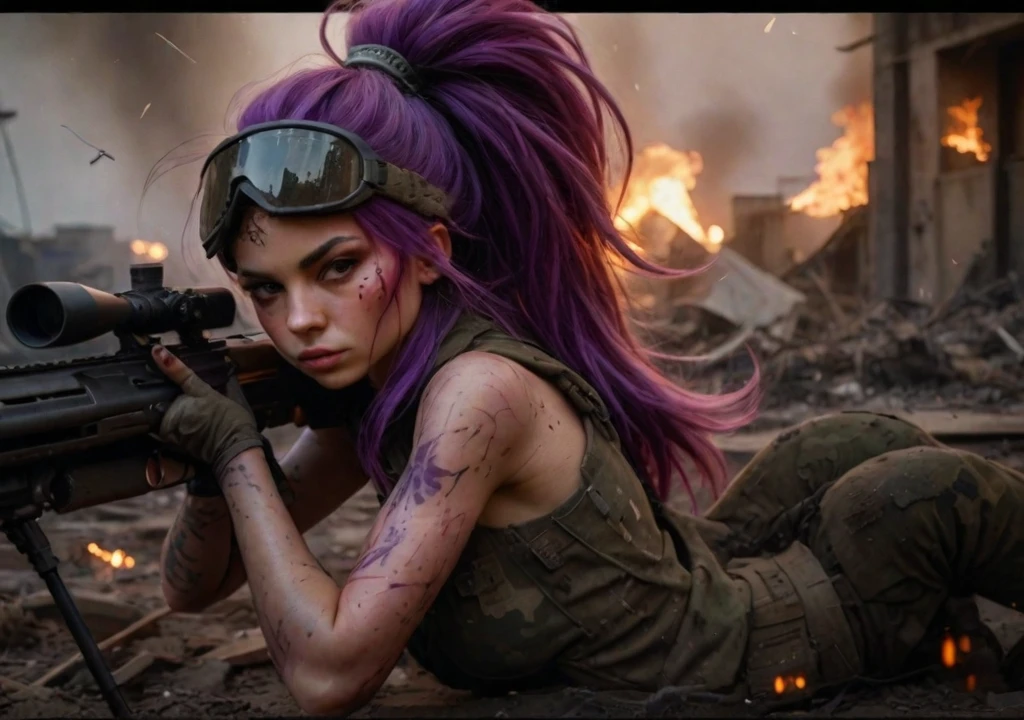 realistic photo of a beautiful teen girl looking at camera, side shaved pink hair, windy, wearing raider armor, holding RPG, a destroyed city, night, ruined road, explosion