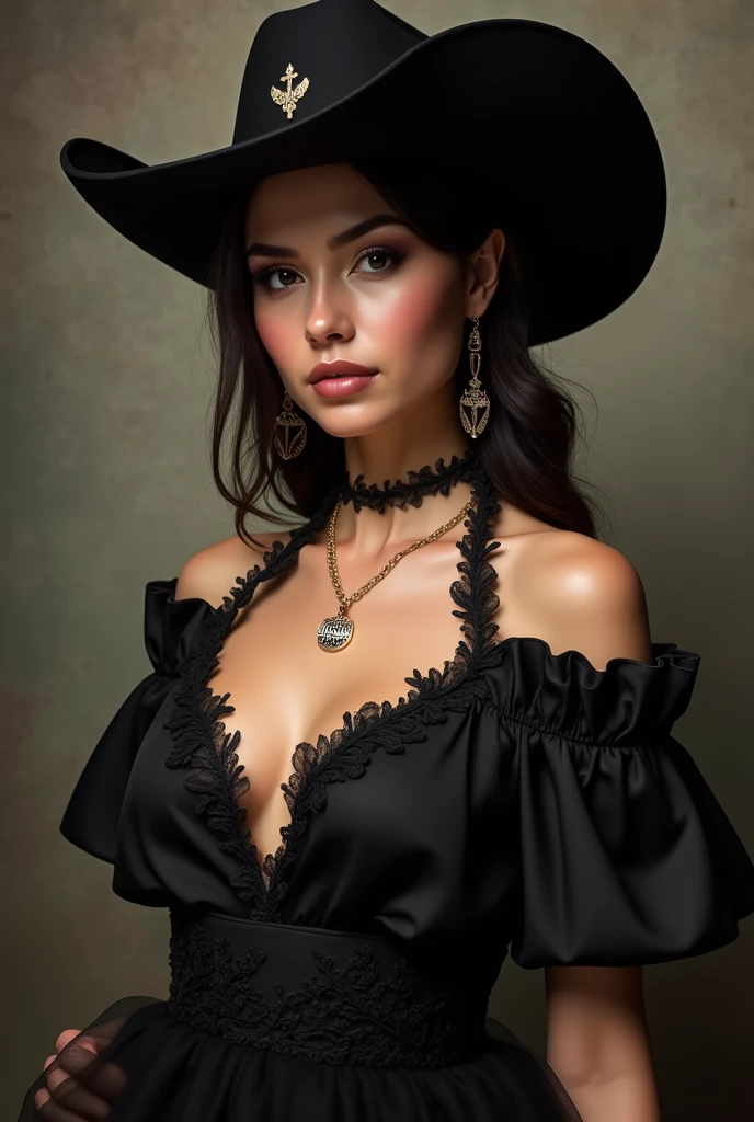 Stylized real still showing a beautiful, gorgeous woman with long, wavy hair, wearing a large, ornate mariachi hat. The hat is black with intricate patterns along the brim. The woman has a light complexion, full lips, and is dressed in a strapless top with vertical stripes. The overall composition is playful and visually striking, with a strong contrast between the vibrant colors of the woman's dress and the solid, black background of the image.