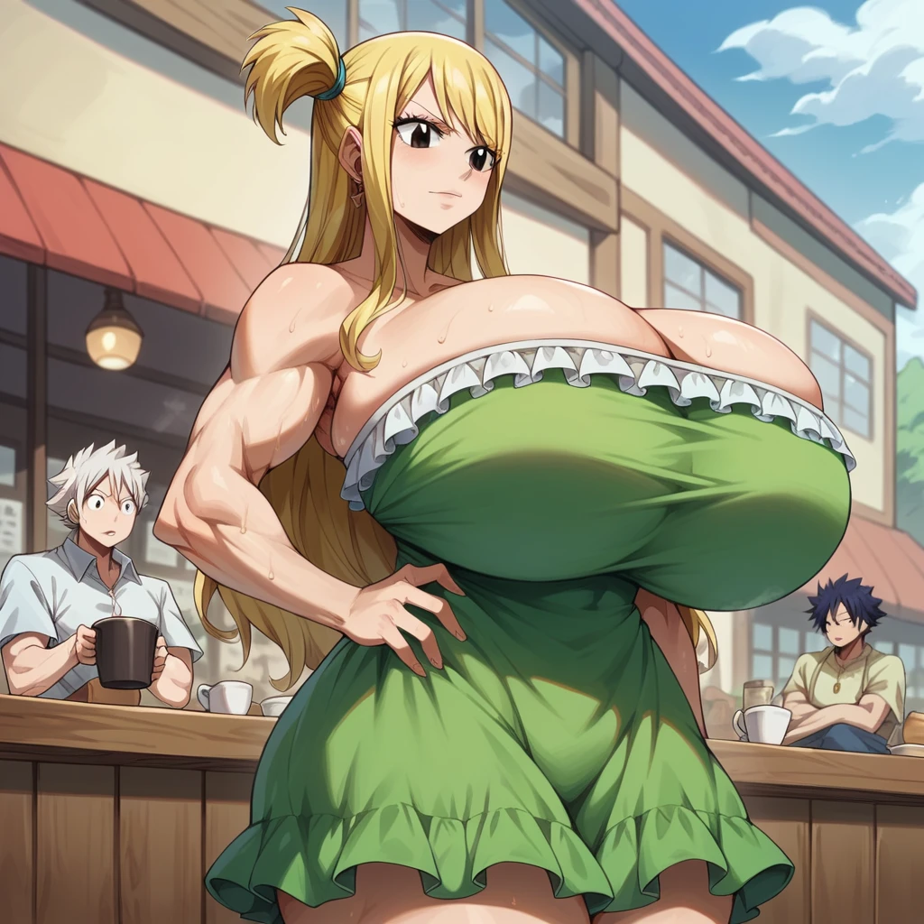 Massive breasts, {Ultra gigantic breasts} massive cleavage, mature, hot and sweaty, Cafe, giantess, muscular, lucy, fairy tail, frilly Summer Dress, 