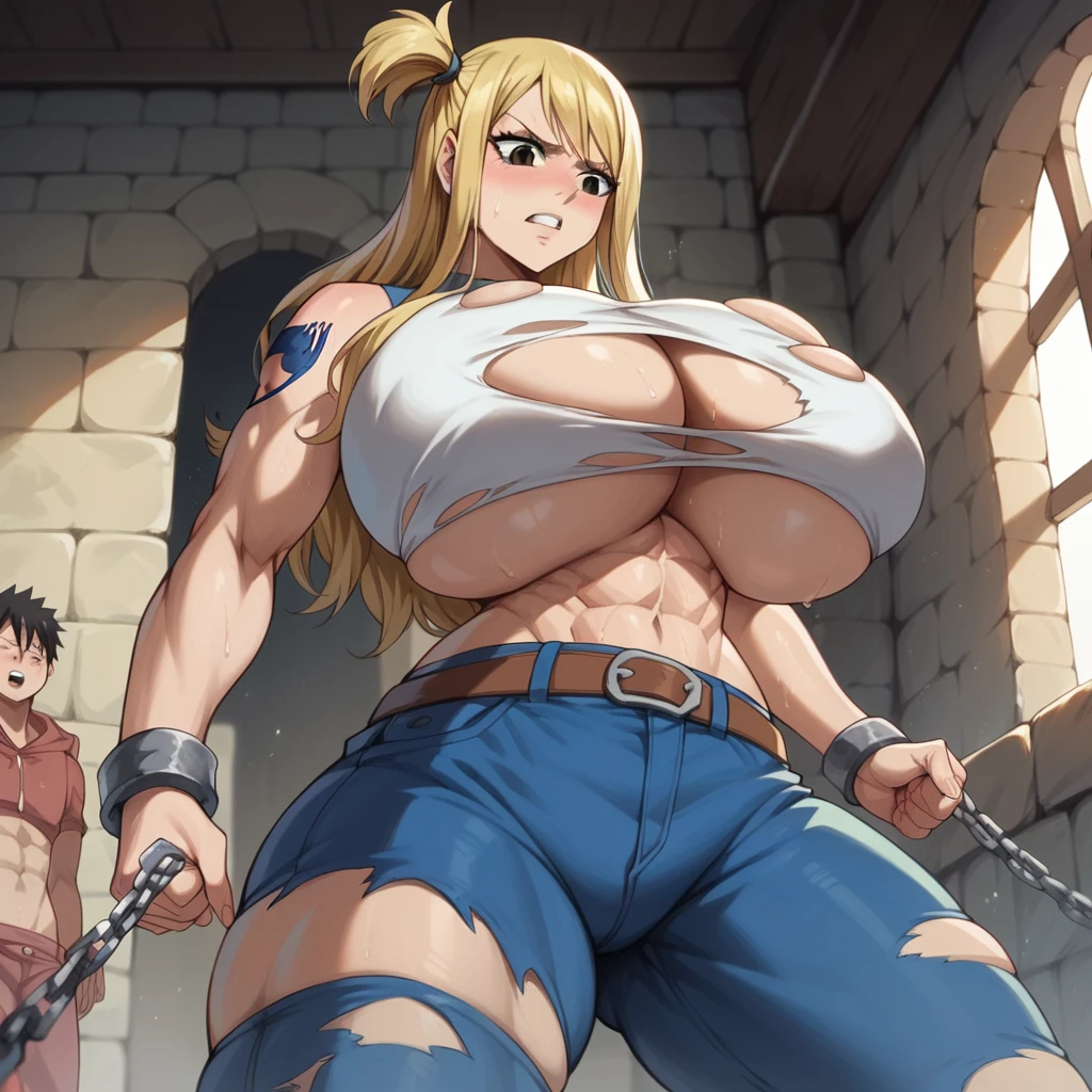 Massive breasts, {Ultra gigantic breasts} massive cleavage, mature, hot and sweaty, dungeon, giantess, toned abs, muscular, lucy, fairy tail, in chains, ripped and torn prisoner clothes, orgasm