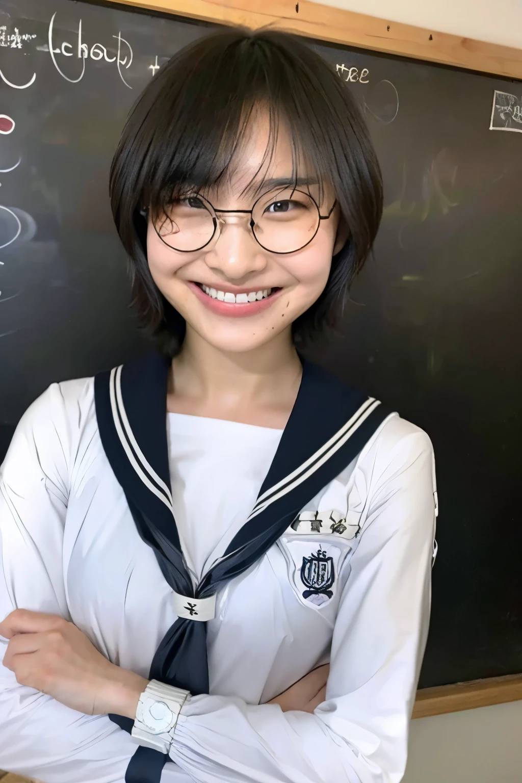 Black Hair、Handsome Short hair、Wearing glasses、Smiling with teeth showing、Crossed Arms、Beautiful breasts、Slim body、Black micro bikini、Standing in front of a blackboard、In a school classroom