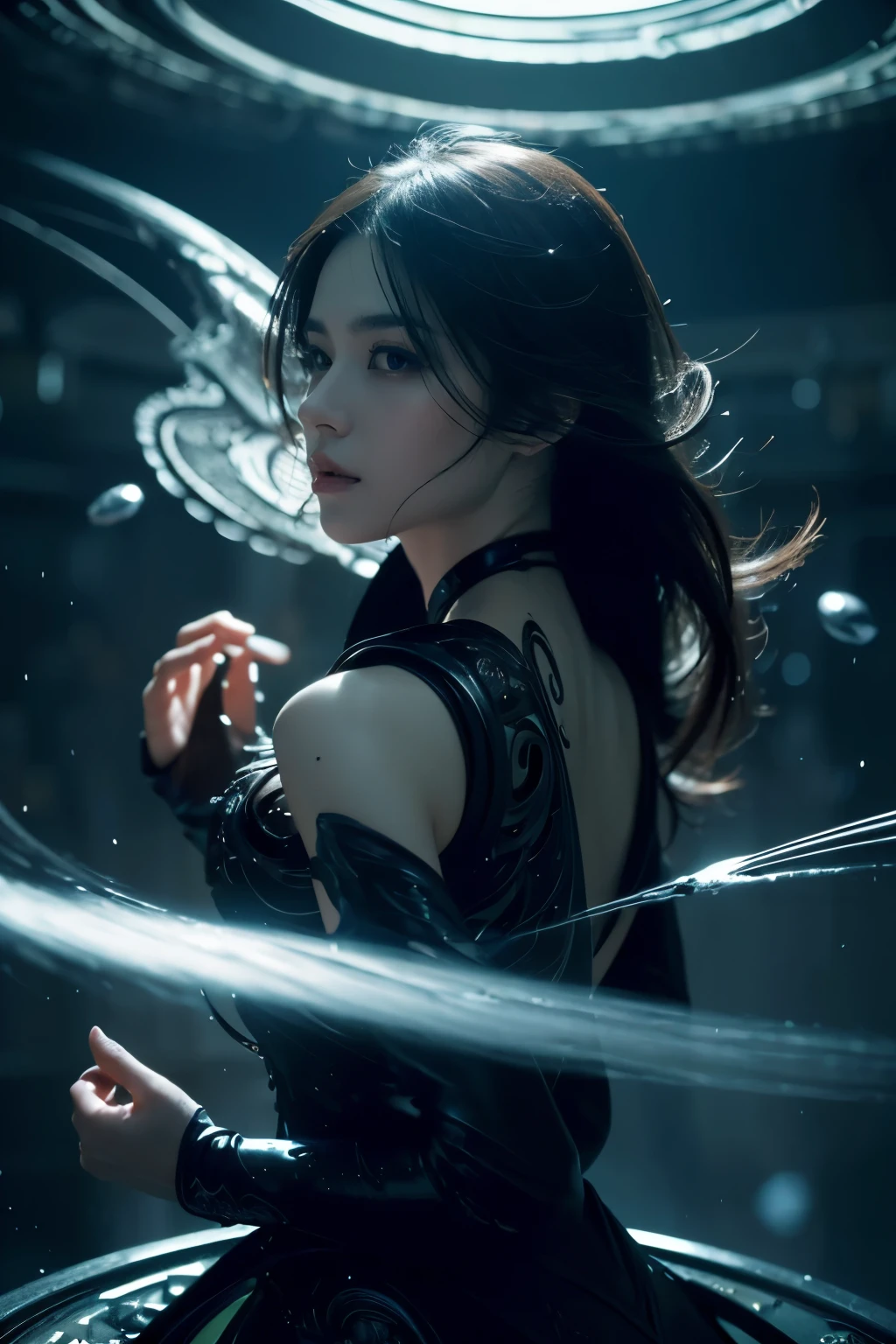 ((masterpiece, best quality)), ultra detailed 8k, photorealistic, sharp focus, highly detailed, professional lighting , shadowmancer, photo of a woman, ink particle, ((swirling black ink floating around)), futuristic fantasy, futuristic black dress, dynamic pose, realistic, masterpiece, intricate details, detailed background, depth of field,