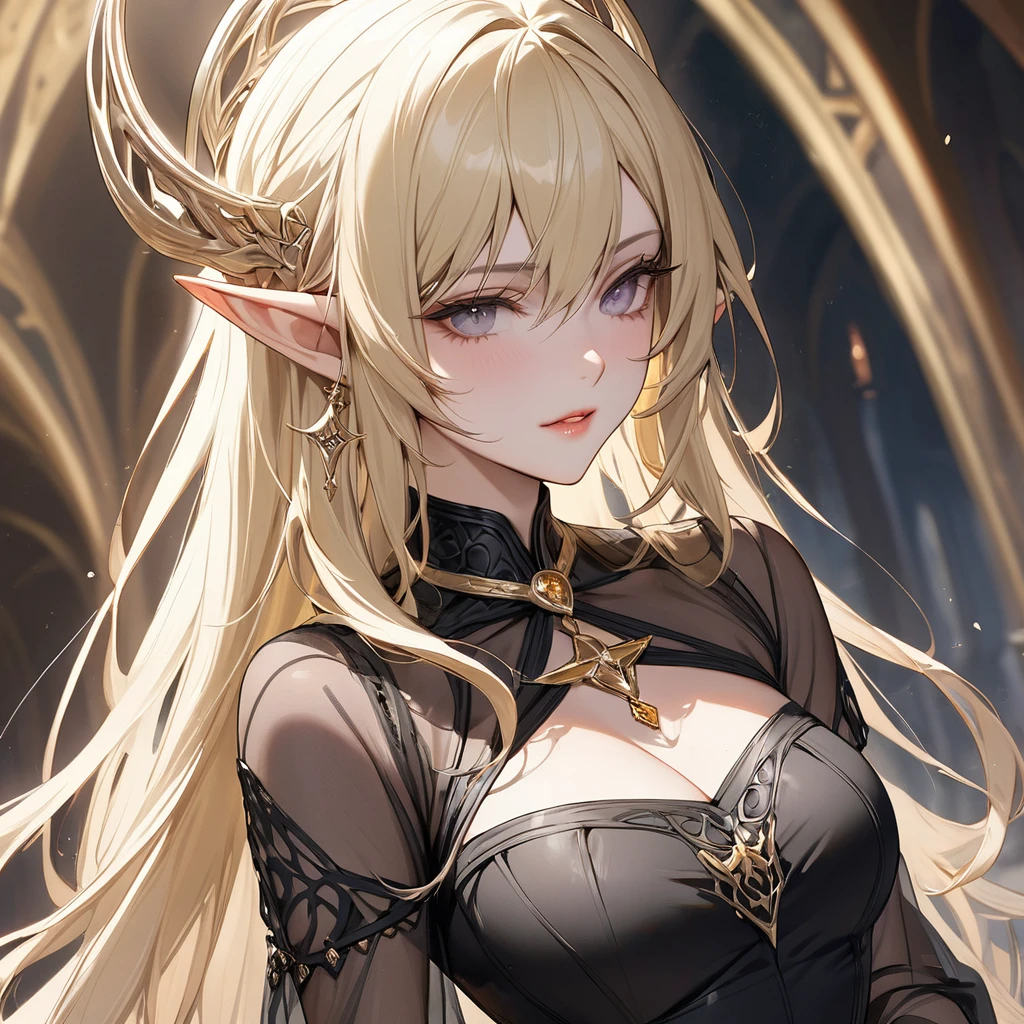 ((Best Quality)), ((masterpiece)), (detailed), （Perfect Face）、The high elf woman is Seras Ashlain, a saint of a religious organization that worships an evil god. She is wearing a see-through black outfit, no underwear, and gorgeous jewelry and an engagement ring. She is a blonde, medium-long-haired high elf saint of the evil god and the resurrected bride of the evil god.