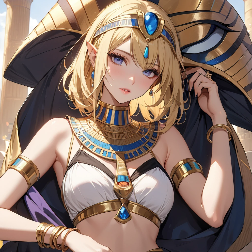 ((Best Quality)), ((masterpiece)), (detailed), （Perfect Face）、The female high elf is Seras Ashlain, a blonde, medium-length haired high elf wearing an Egyptian Tutankhamun costume, a golden Tutankhamun mask, gorgeous jewelry and an engagement ring.