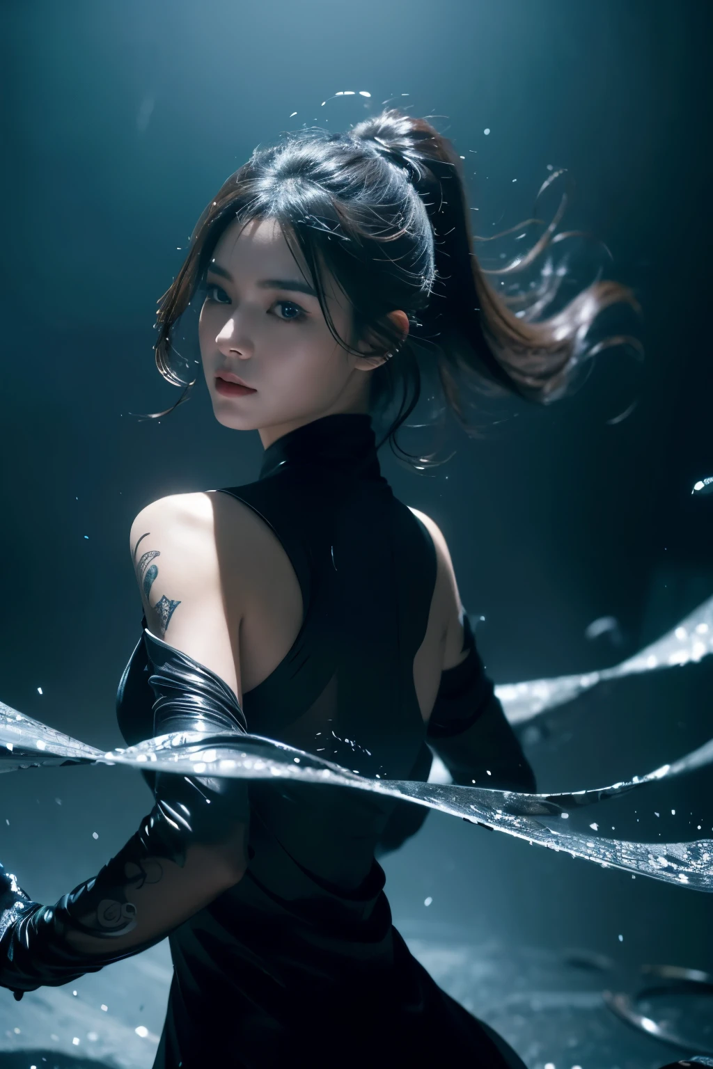 ((masterpiece, best quality)), ultra detailed 8k, photorealistic, sharp focus, highly detailed, professional lighting , shadowmancer, photo of a woman, ink particle, ((swirling black ink floating around)), futuristic fantasy, futuristic black dress, dynamic pose, realistic, masterpiece, intricate details, detailed background, depth of field,