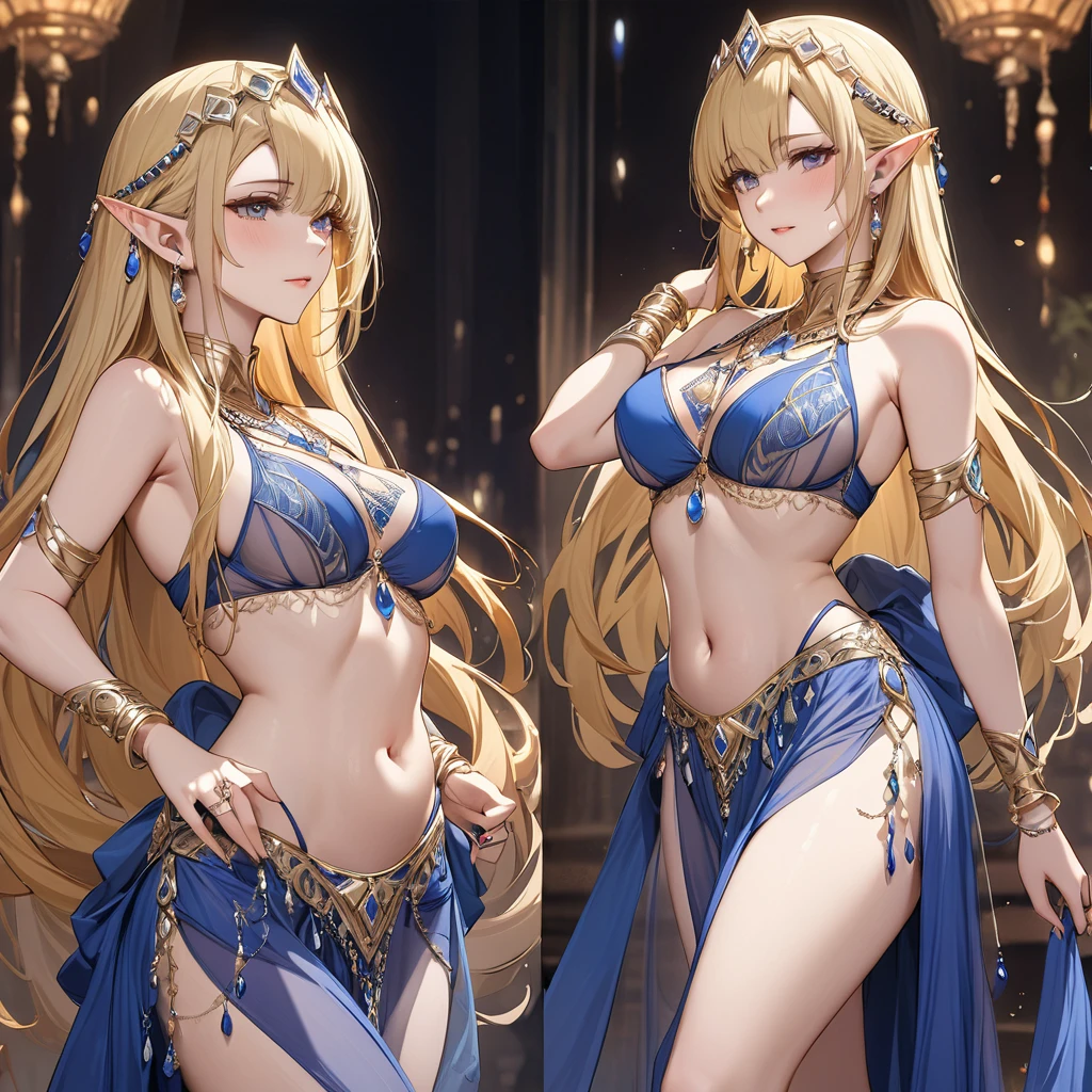 ((Best Quality)), ((masterpiece)), (detailed), （Perfect Face）、The high elf woman is Seras Ashlain, a blonde medium-long haired high elf wearing a sexy see-through belly dance costume, gorgeous jewelry accessories, and an engagement ring.