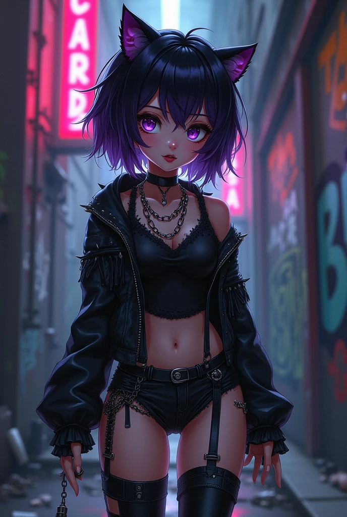 Mangwa panel anime girl short purple hair with red eyes dressed in rough but sensual clothes
