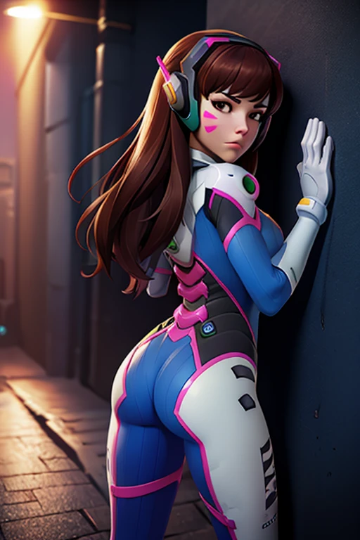 1girll, (D.va (Overwatch):0.8), Solo, Long hair, whisker markings, tightsuit, Brown hair, face markings, mitts, Breasts, Brown eyes, pilotsuit, Cowboy shot, Earphone, White gloves, Medium breasts, sweeping bangs, skin tight, Animal print, bangs, Bunny print, Ribbed one-piece tights, facepaint, Pink lips, leaning back against the wall, holding gun, Serious look, questionable,  caring, investigative, Dark Alley, Night, Night sky, Red light, (Silhouette, hard light:1.2),