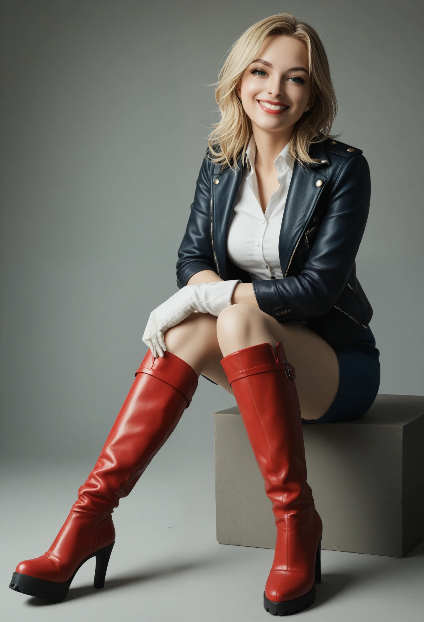 sexy, Mason, return, smile, Long blonde hair and green eyes, black cropsuperior, superior, jacket, Blue pencil skirt, Red Boots, White gloves, High heel boots