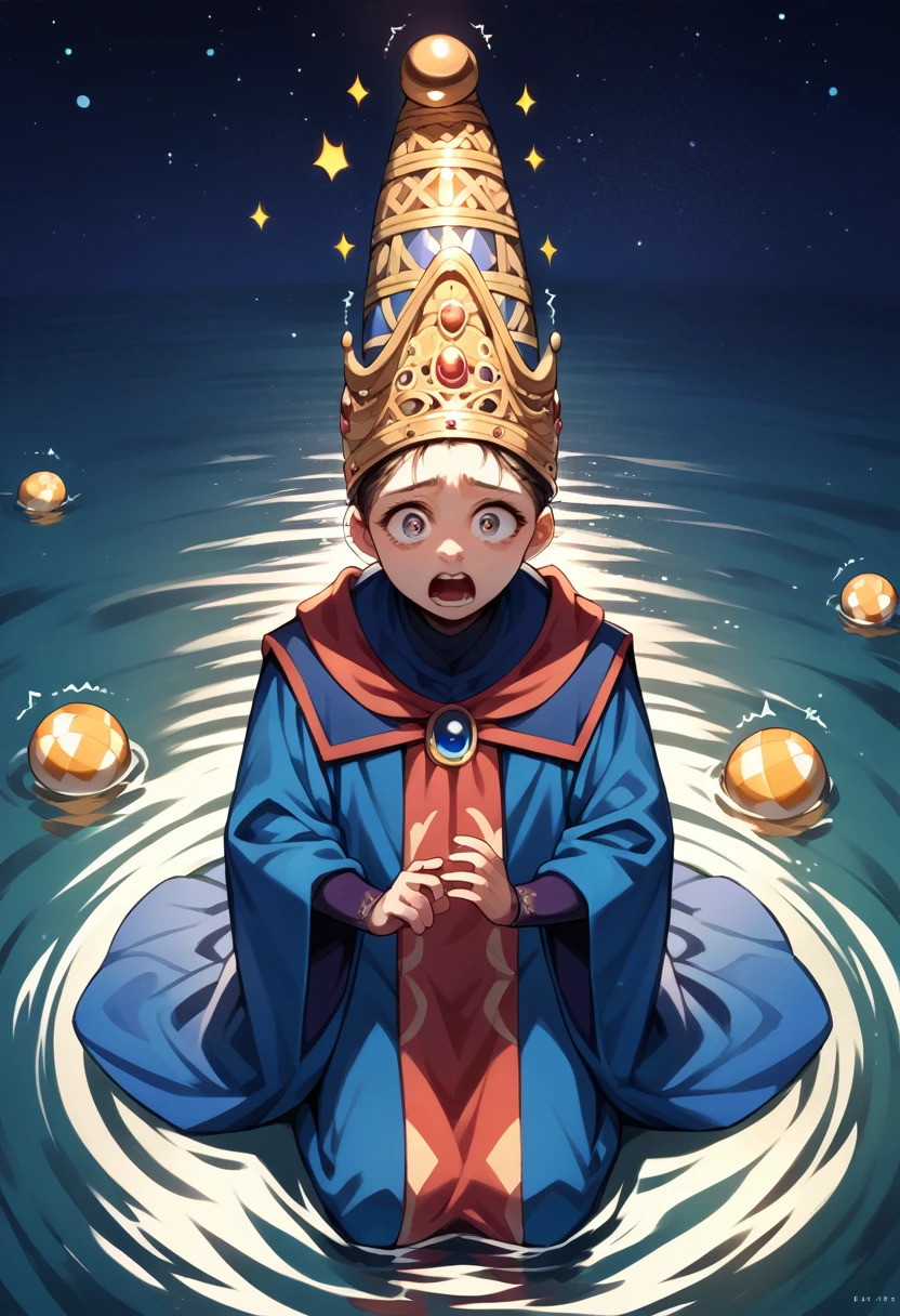 score_9, score_8_up, score_7_up, 1girl, solo, (kid:1.5), Rennala, crown, crown, dress, blue robe, wide sleeves, long sleeves, shocked, shaking, screaming, looking at you, kneeling, night, on water, starry night, empty background, AgeRegression, Oversized Clothes,