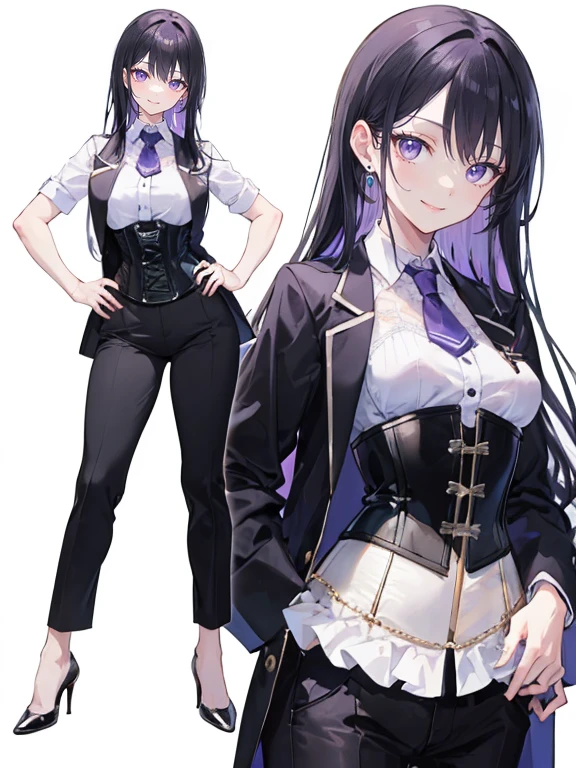 Purple hair,Long hair,Adult female,Bartender,((Body harness)),((Rolling up your sleeves shirt)),(Corset),(Tight skirt),Garter belt,High heels,((Simple background)),Smile,((Full body)),((whole body)),Character Sheet,