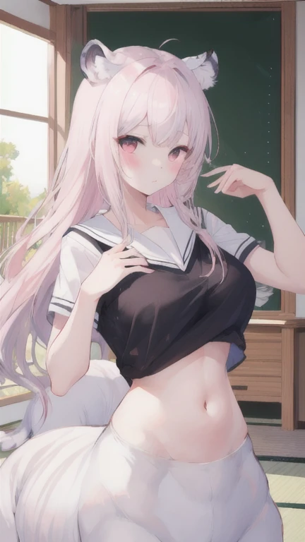 (best quality, masterpiece), 1 girl, centaur, It takes, White skin, Korean , ((23 years old)),black pink,Smiling, exposing the abdomen, belly button t-shirt , 아름다운 소녀 perfect white tiger photo, perfect white tiger photo