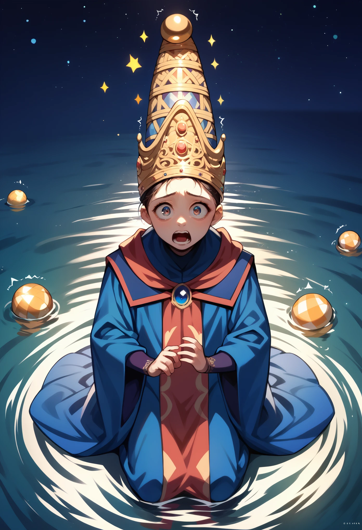 score_9, score_8_up, score_7_up, 1girl, solo, (kid:1.5), Rennala, crown, crown, dress, blue robe, wide sleeves, long sleeves, shocked, shaking, screaming, looking at you, kneeling, night, on water, starry night, empty background, AgeRegression, Oversized Clothes,