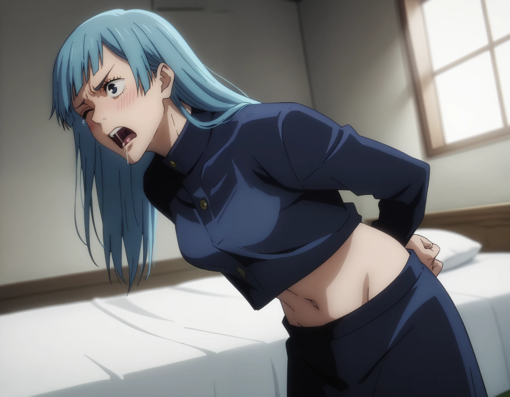 sauce_anime, (ambient light),
jujutsu_kaisen_style, kasumi miwa,, ,1girl ,tall girl,, blue hair, long hair, blue eyes, wince, frown, Perfect face, expressive eyes ,
nsfw, (show off breast), , undress clothes, hands behind backs,
indoors, bed, realistic bed room, (on side), , navel, steam, 
cowboy shot,, solo, dutch angle, blush,, screaming, (saliva),, medium breast, 