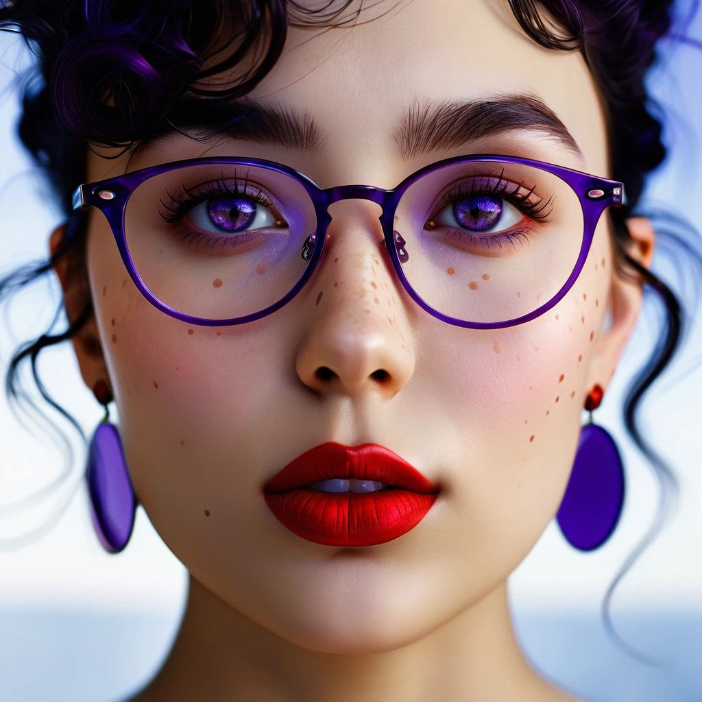 slightly curly hair, Rimless glasses, Small spots under the corners of the mouth, / Note purple earrings, slightly closed mouth, Red lips, surrealism, highly detailed, strong light-dark, Film graininess, Panorama, ultra high resolution, Precise, Structured skin.