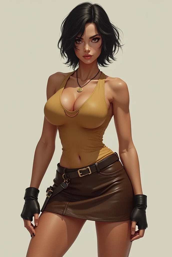 ((Masterpiece)), ((Best Quality)), ((highres)), ((UHD)), ((absurdres)), (1 girl), ((ultra-detailed)), ((dramatic lighting)), blushing, smile, green eyes, bob cut, bangs, black hair, short hair, ((choker)), crop top, ((black tank top)), ((black pleated mini skirt)), ((gigantic breasts)), ((cleavage)), shiny skin, vivid colors, full body shot, ((sharp focus)), outdoors, standing up, green grass field, feminine, shy, ((award winning)), ((arms behind back)), navel, seductive, alluring, sexy, (perfect face), perfect female figure, ((perfect anatomy)), black eyeliner, black lipstick, ((gothic)), ((Perfectly round breasts)), realistic eyes