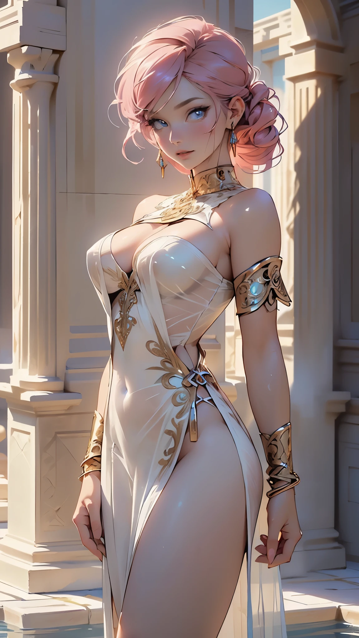 a close up of a woman with a sword in a white and pale pink seethrough silk dress, a character portrait by Yang J, trending on cgsociety, fantasy art, beautiful character painting, artwork in the style of Guweiz, Guweiz,yukata wear, flowing white robes, full body wuxia, epic exquisite character art, stunning character art, beautiful female assassin,Young super beautiful girl,Shoulders exposed skin,The belly button and the surrounding area are exposed,Flat boobs,Small breasts,Beautiful girl with slender body,Small waist,Very small ass,Very slim legs,