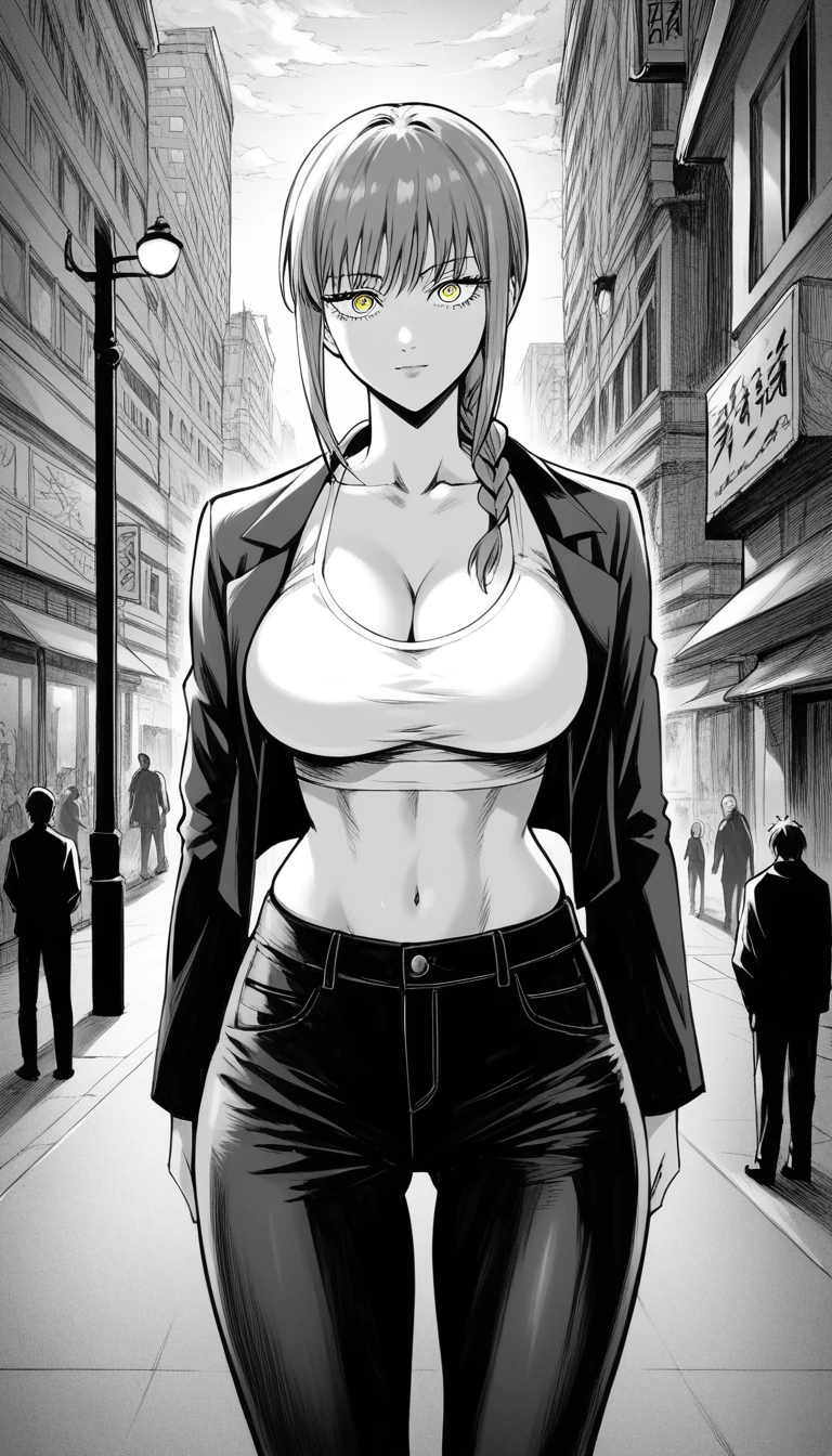 score_9, score_8_up, score_7_up, score_6_up, 1girl. greyscale, adult woman, large breast, thicc thighs, long legs, Makima, chainsaw man, red hair with single braid, yellow eyess, crop top, jackets, white shirt, pants, long pants, body curves, cleavage, stare at people, night, city, outdoors, standing, collarbone, night, street, manga style, anime aesthetic, expressive faces, bold outlines, detailed background, dynamic pose, seinen style, cross hatching, high resolution, high quality, ultra detailed, super defined, sharp focus, crisp lines, ultra realistic, perfect lighting, perfect composition, perfect proportions, perfect perspective, perfect mood, shaded with crosshatching, crosshatching details, crosshatching technique 
