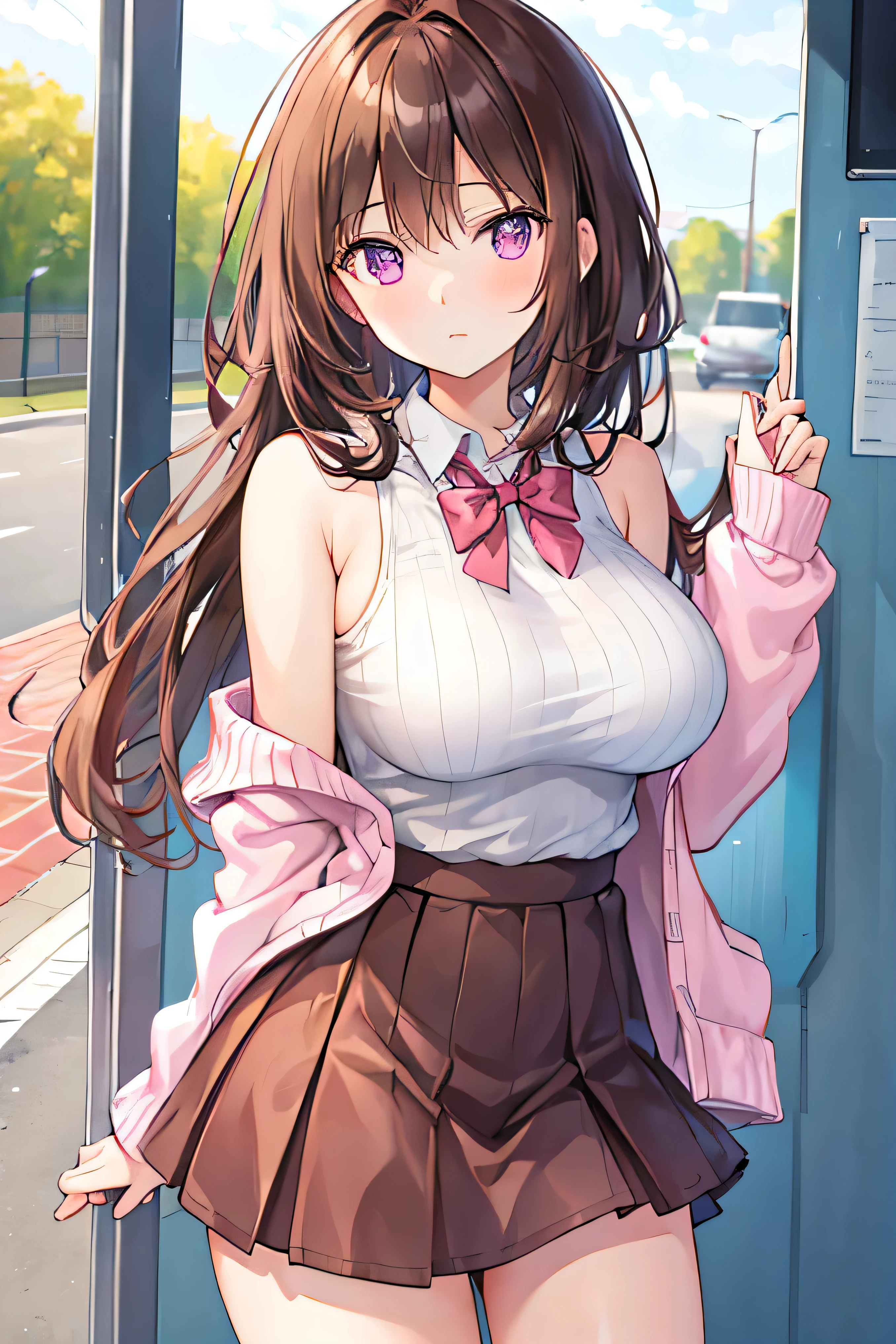 Anime girl, shy, thick, curvy, long curly brown hair with bangs, brown eyes, pastel pink outfit aesthetic 