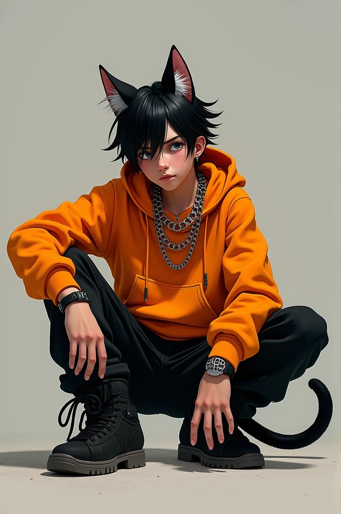 cat-boy, toned, sharp big cat ears, cat tail, big black messy hair, extremely vibrant red eyes, HD, masterpiece, vibrant, slim dark black hoodie, full body view, neutral face, black thigh socks, combat boots.